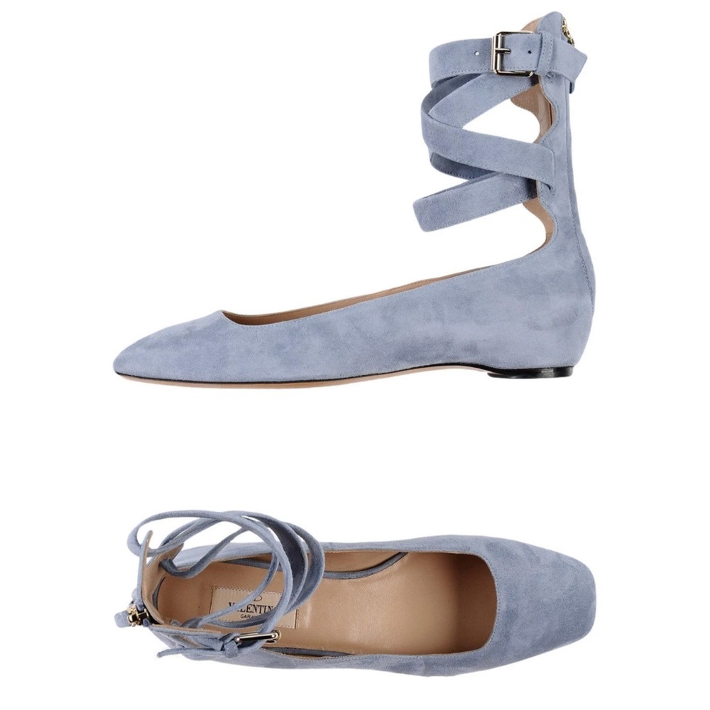VALENTINO Garavani Suede Ankle Wrap Blue Suede Ballet Flats IT 38.5